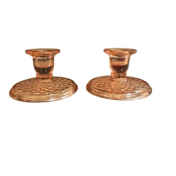 Imperial Glass Pink Depression Glass Diamond Quilted Candlestick Holders 1930s - Picture 2 of 4
